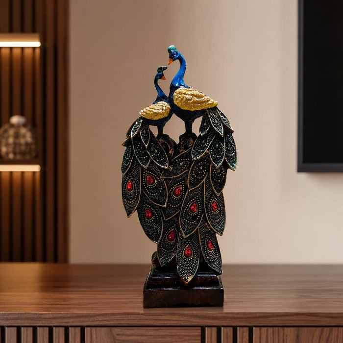 A close-up detail shot of the Multicolour Peacock Pair Figurine focusing on the artisanal carving and rich color.