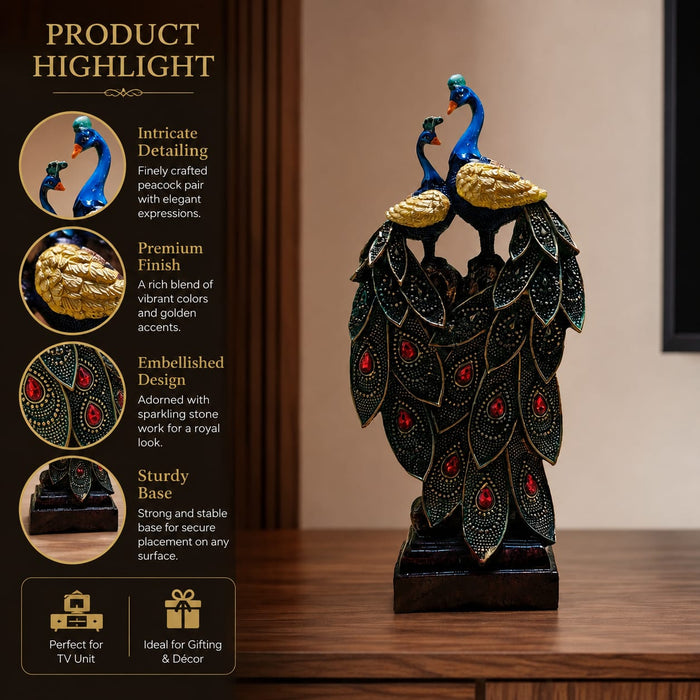 A direct front-facing view of the Multicolour Peacock Pair Figurine showcasing its vibrant details and premium finish.