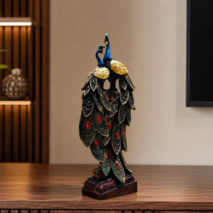 The Multicolour Peacock Pair Figurine beautifully styled in a modern home interior setting to inspire decor placement.