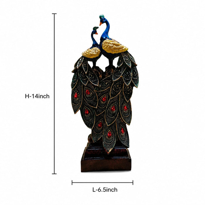A dimensional diagram illustrating the exact height and width of the Multicolour Peacock Pair Figurine.