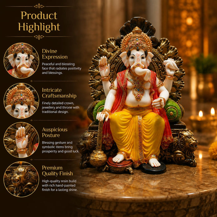 A direct front-facing view of the Multicolour Sitting Ganesha Idol showcasing its vibrant details and premium finish.