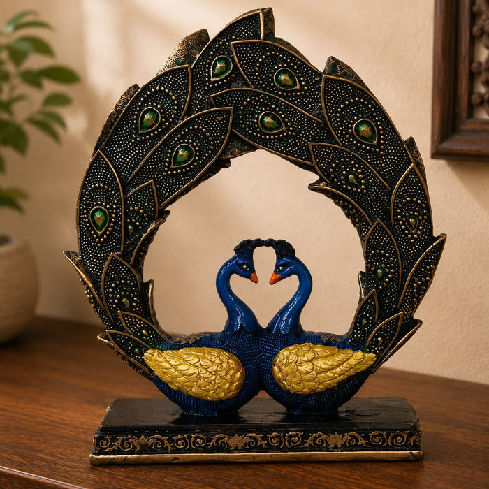 Ornate Resin Peacock Couple Showpiece with Gemstone Feathers (11 Inch) - View 1