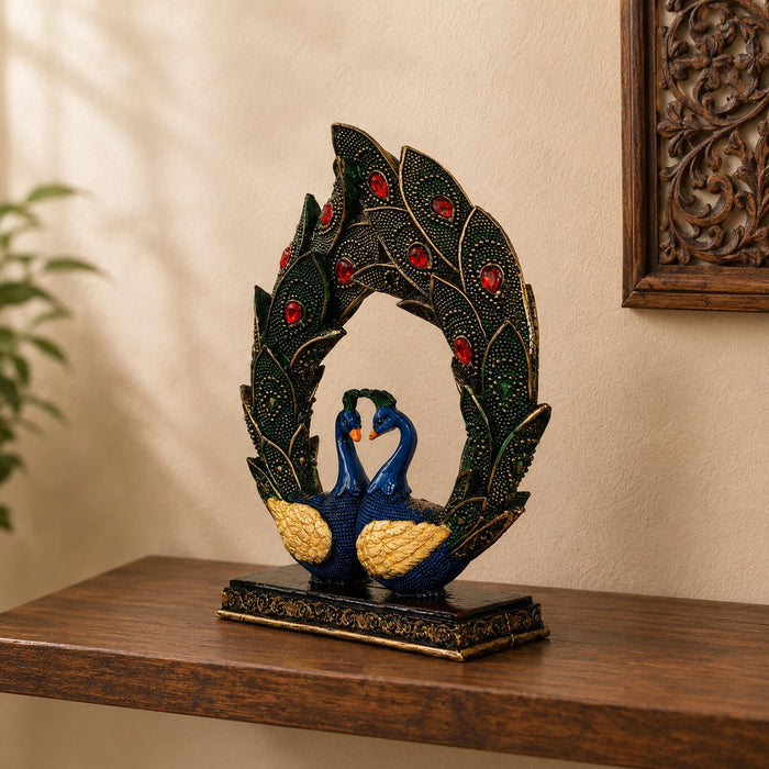 Ornate Resin Peacock Couple Showpiece with Gemstone Feathers (11 Inch) - View 3