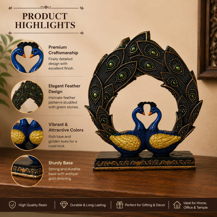 Ornate Resin Peacock Couple Showpiece with Gemstone Feathers (11 Inch) - View 4