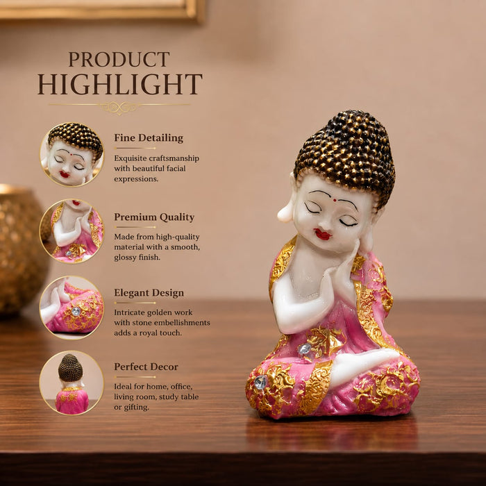 A side profile view of the Pink Little Buddha Figurine revealing its graceful silhouette.