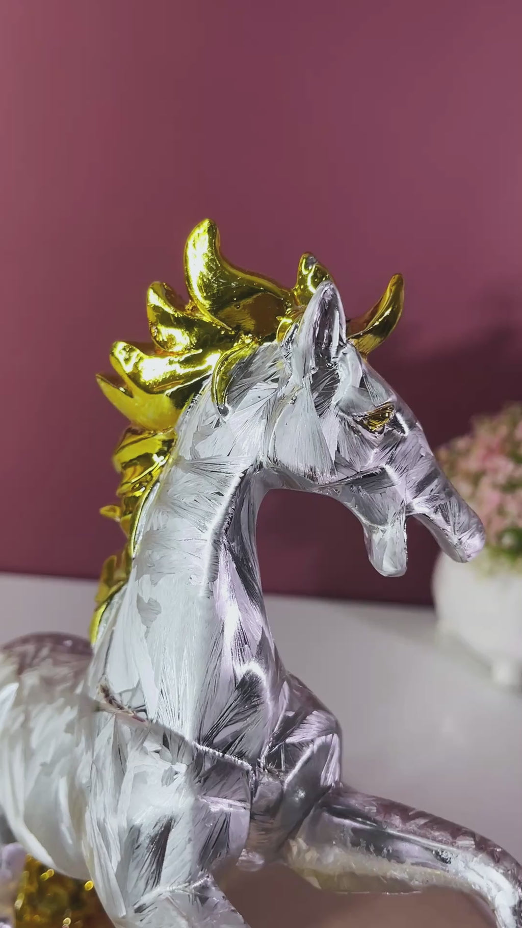 Luxury silver and gold rearing horse figurine for living room home decor.