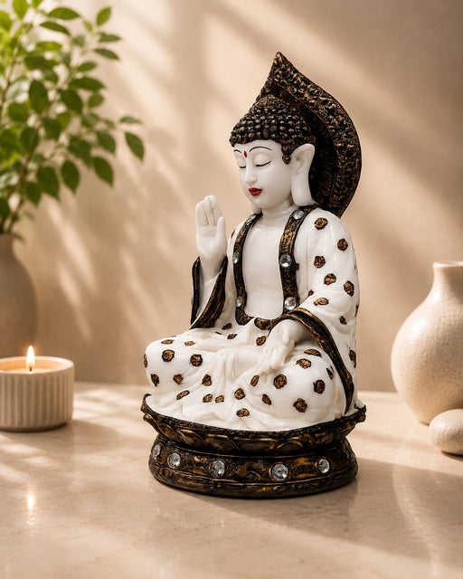 Pure White & Gold Meditating Resin Buddha Statue (12 Inch) - View 1