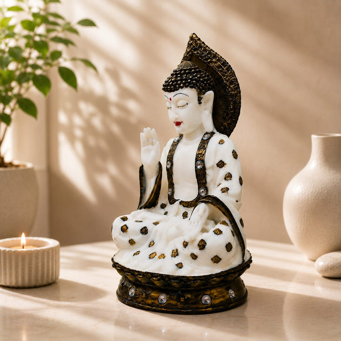 Pure White & Gold Meditating Resin Buddha Statue (12 Inch) - View 4