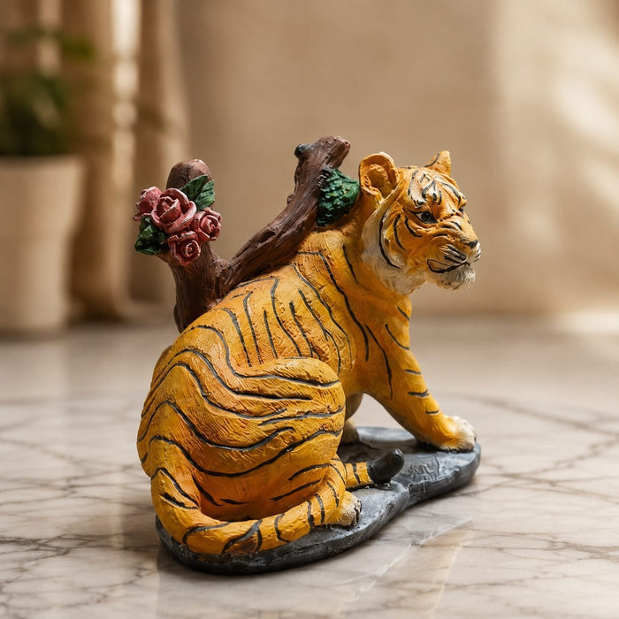 Three-quarter perspective angle view showcasing dynamic form and balanced proportions of Resting Tiger Resin Figurine with Red Roses (7 Inch)