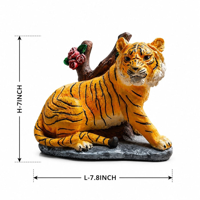 Detailed close-up of hand-painted accents, fine facial detailing, and premium Resin texture on Resting Tiger Resin Figurine with Red Roses (7 Inch)