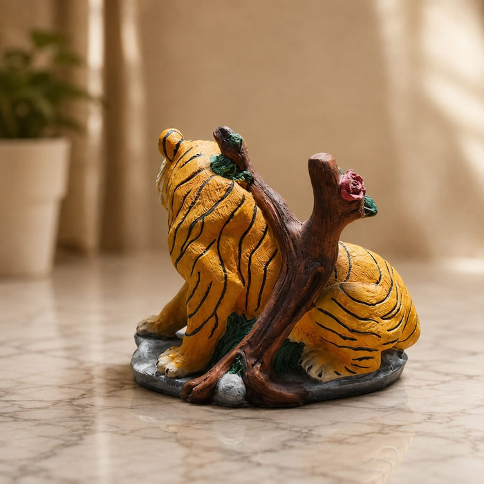 High-resolution craftsmanship detail shot displaying intricate ornamental work on Resting Tiger Resin Figurine with Red Roses (7 Inch)
