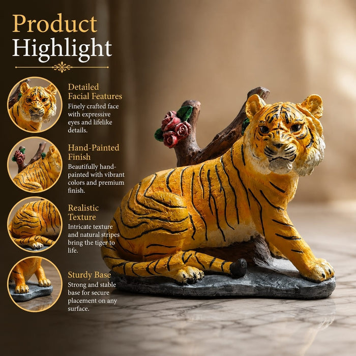 Full front view of Resting Tiger Resin Figurine with Red Roses (7 Inch) on display base against clean studio background