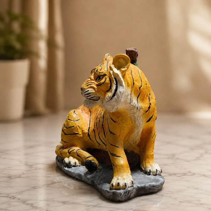 Side profile perspective showcasing elegant three-dimensional contours and sculptural depth of Resting Tiger Resin Figurine with Red Roses (7 Inch)
