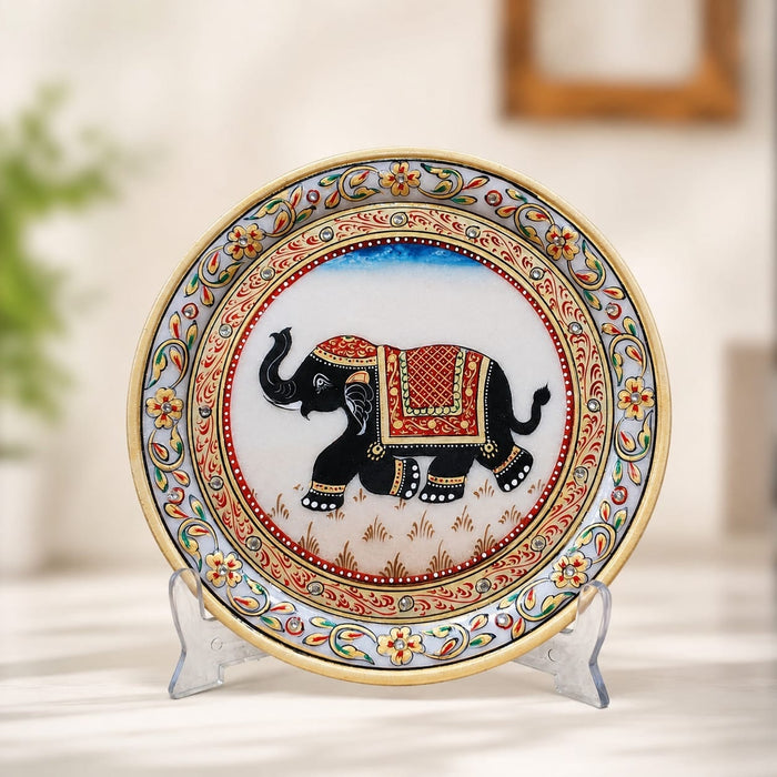 Full front view of Royal Elephant Hand-Painted Decorative Marble Plate with Stand (9.4 Inch) on display base against clean studio background