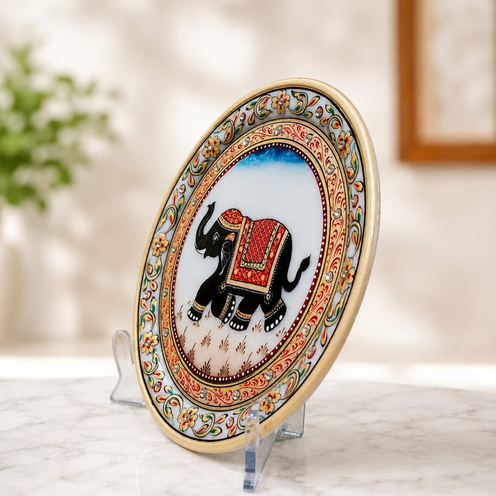 Side profile perspective showcasing elegant three-dimensional contours and sculptural depth of Royal Elephant Hand-Painted Decorative Marble Plate with Stand (9.4 Inch)