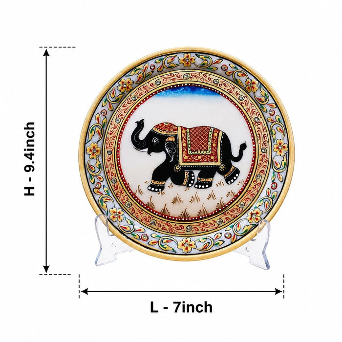 Exact dimension guide and measurement chart showing height and proportions of Royal Elephant Hand-Painted Decorative Marble Plate with Stand (9.4 Inch)
