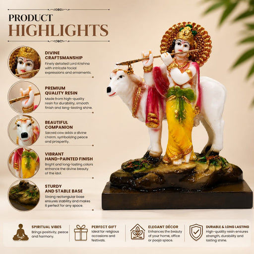 Sacred Lord Krishna & Cow Resin Figurine with Golden Halo (6.6 Inch) - View 3
