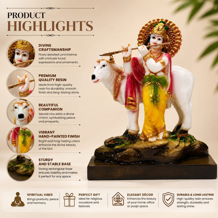 Sacred Lord Krishna & Cow Resin Figurine with Golden Halo (6.6 Inch) - View 3
