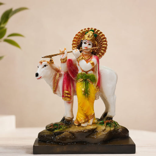 Sacred Lord Krishna & Cow Resin Figurine with Golden Halo (6.6 Inch) - View 4