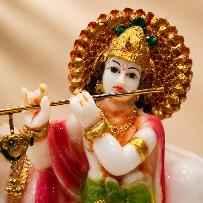 Sacred Lord Krishna & Cow Resin Figurine with Golden Halo (6.6 Inch) - View 5