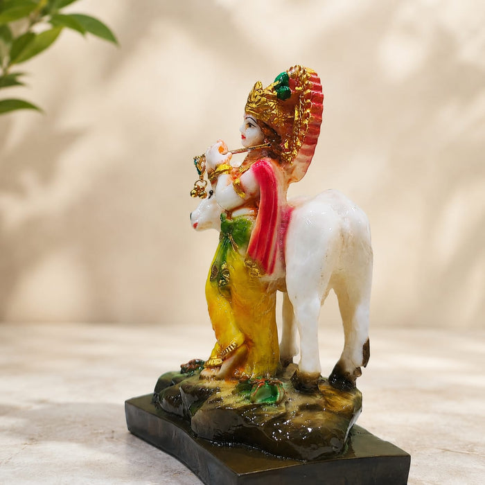 Sacred Lord Krishna & Cow Resin Figurine with Golden Halo (6.6 Inch) - View 6
