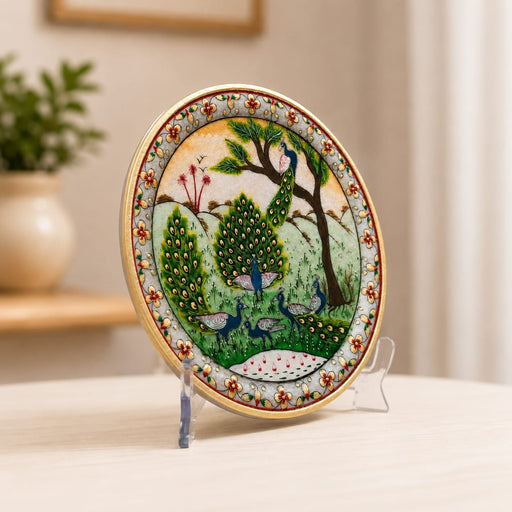 Detailed close-up of hand-painted accents, fine facial detailing, and premium Marble texture on Scenic Peacock Family Decorative Marble Plate with Stand (9.4 Inch)