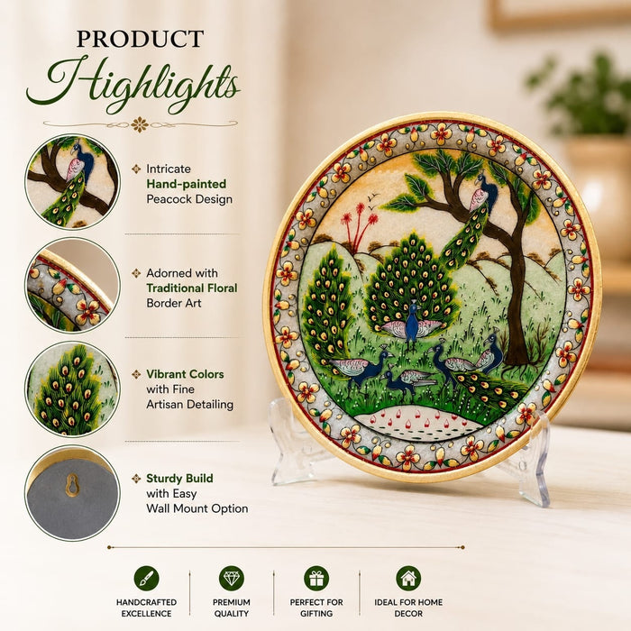 High-resolution craftsmanship detail shot displaying intricate ornamental work on Scenic Peacock Family Decorative Marble Plate with Stand (9.4 Inch)