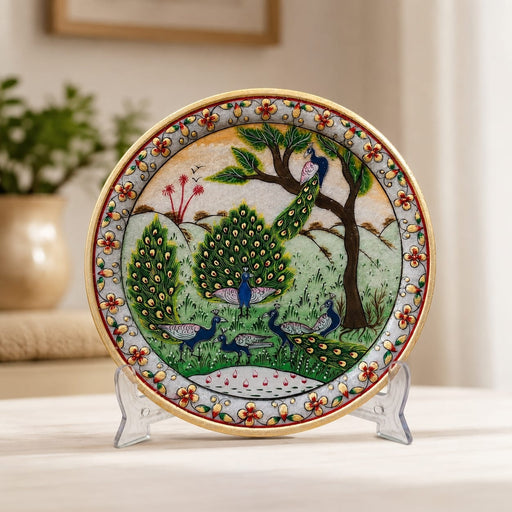Full front view of Scenic Peacock Family Decorative Marble Plate with Stand (9.4 Inch) on display base against clean studio background