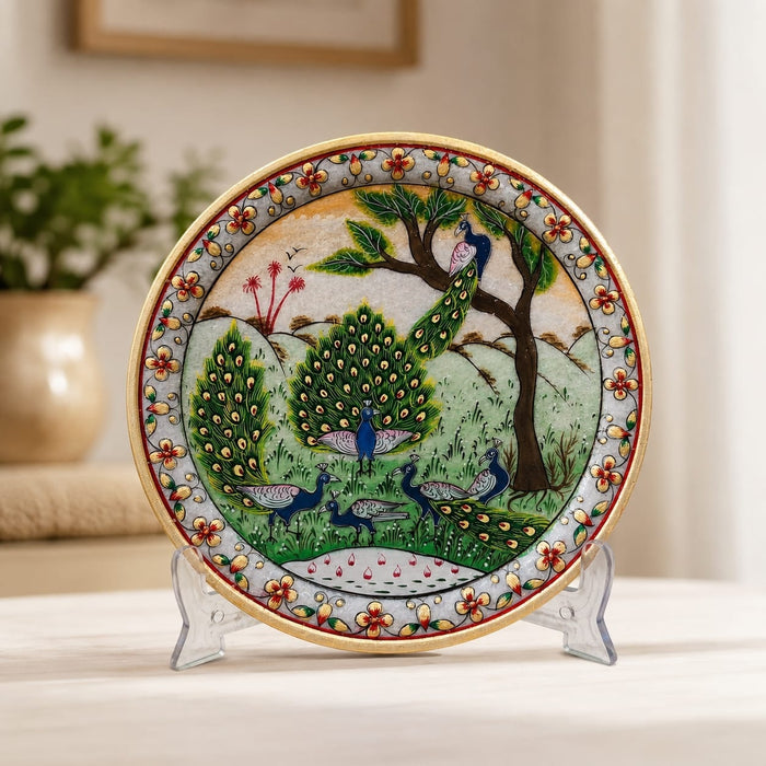 Full front view of Scenic Peacock Family Decorative Marble Plate with Stand (9.4 Inch) on display base against clean studio background