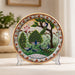 Full front view of Scenic Peacock Family Decorative Marble Plate with Stand (9.4 Inch) on display base against clean studio background