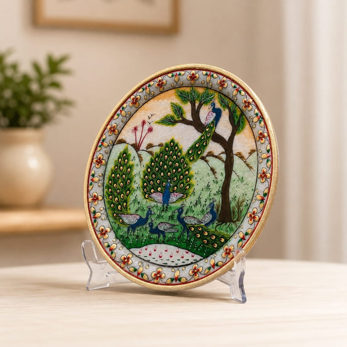 Side profile perspective showcasing elegant three-dimensional contours and sculptural depth of Scenic Peacock Family Decorative Marble Plate with Stand (9.4 Inch)