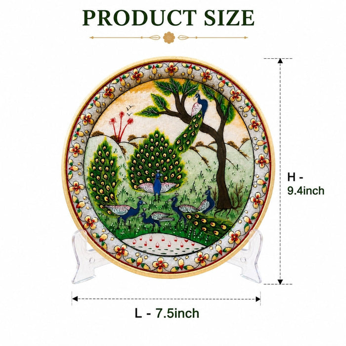 Exact dimension guide and measurement chart showing height and proportions of Scenic Peacock Family Decorative Marble Plate with Stand (9.4 Inch)