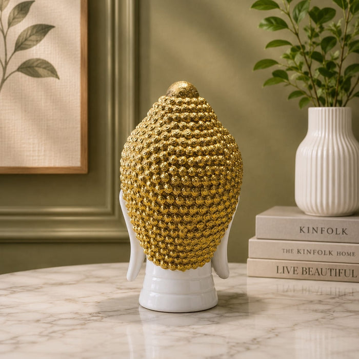 Detailed close-up of hand-painted accents, fine facial detailing, and premium Resin texture on Serene White and Gold Buddha Head Resin Bust (9 Inch)