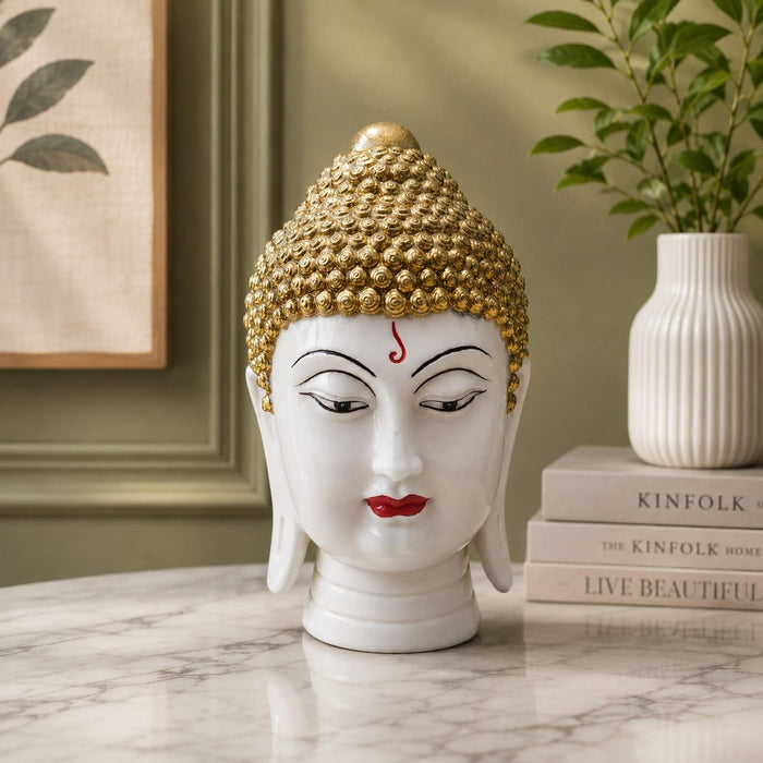 High-resolution craftsmanship detail shot displaying intricate ornamental work on Serene White and Gold Buddha Head Resin Bust (9 Inch)