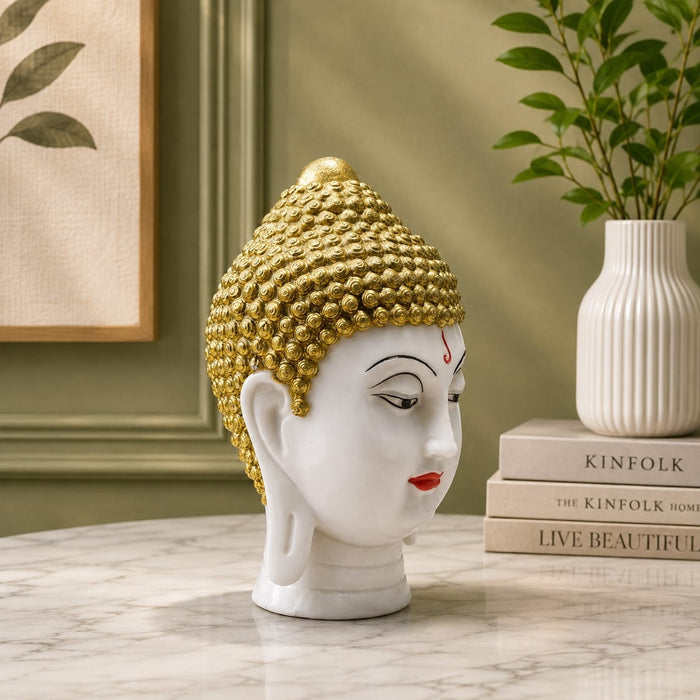 Product feature highlights and craftsmanship overview infographic for Serene White and Gold Buddha Head Resin Bust (9 Inch)