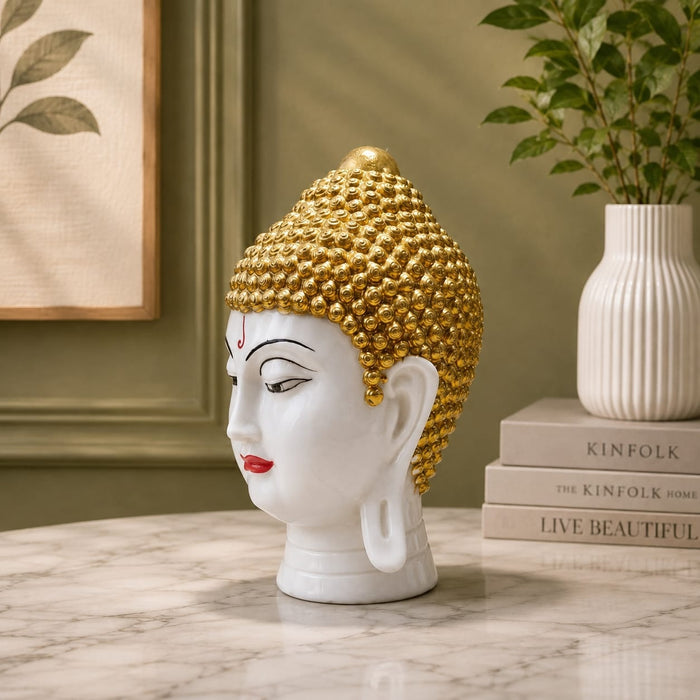 Full front view of Serene White and Gold Buddha Head Resin Bust (9 Inch) on display base against clean studio background