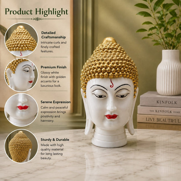 Side profile perspective showcasing elegant three-dimensional contours and sculptural depth of Serene White and Gold Buddha Head Resin Bust (9 Inch)