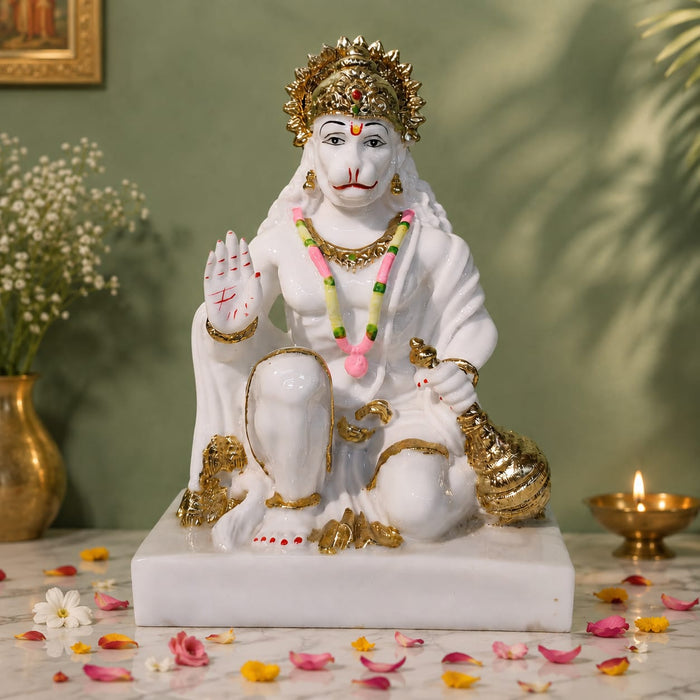 Serene White Resin Lord Hanuman Bust with Gold Crown (9.5 Inch) - View 1