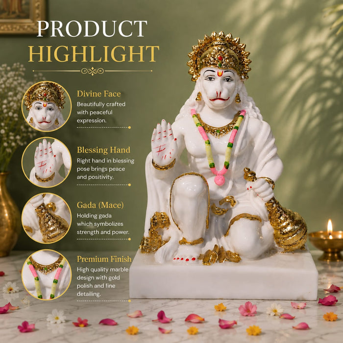 Serene White Resin Lord Hanuman Bust with Gold Crown (9.5 Inch) - View 3