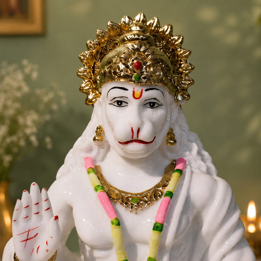Serene White Resin Lord Hanuman Bust with Gold Crown (9.5 Inch) - View 2