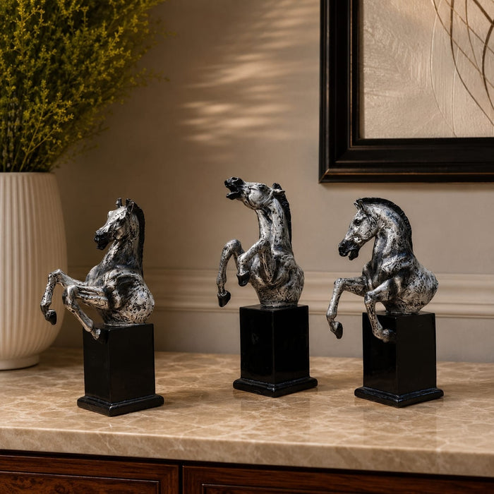 Product feature highlights and craftsmanship overview infographic for Set of 3 Rearing Horse Busts Resin Sculpture (11 Inch)