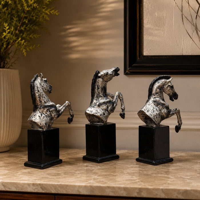 Full front view of Set of 3 Rearing Horse Busts Resin Sculpture (11 Inch) on display base against clean studio background