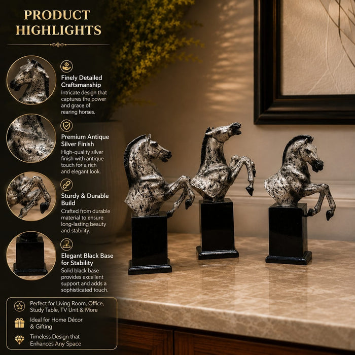 Side profile perspective showcasing elegant three-dimensional contours and sculptural depth of Set of 3 Rearing Horse Busts Resin Sculpture (11 Inch)