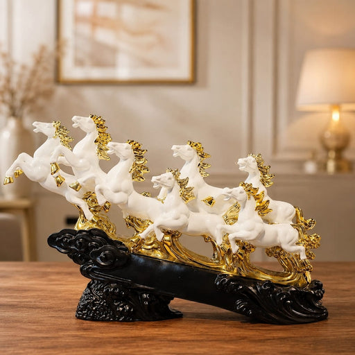 Detailed close-up of hand-painted accents, fine facial detailing, and premium Resin texture on Seven Running Horses Feng Shui Resin Sculpture (12.2 Inch)