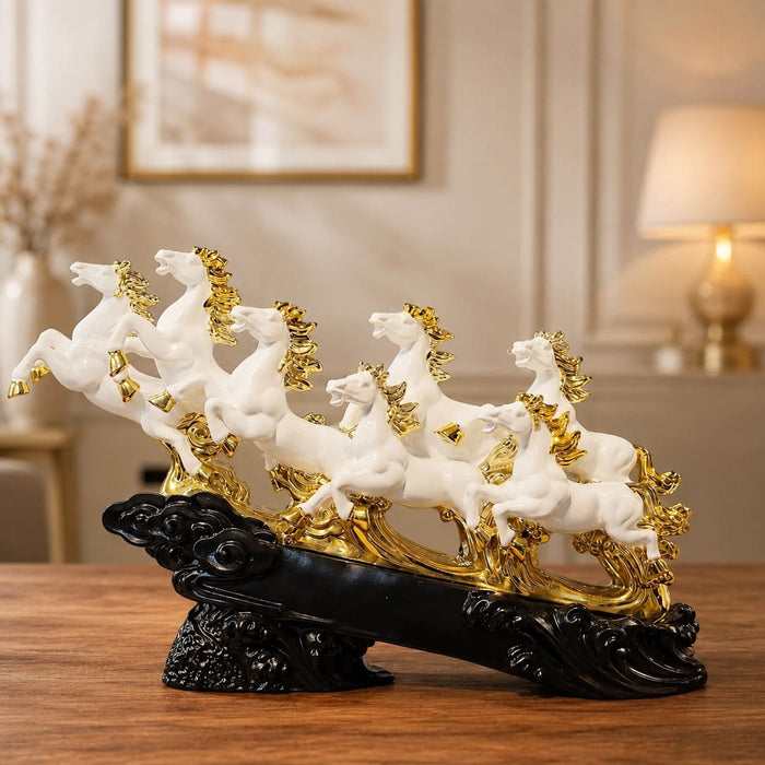 Detailed close-up of hand-painted accents, fine facial detailing, and premium Resin texture on Seven Running Horses Feng Shui Resin Sculpture (12.2 Inch)