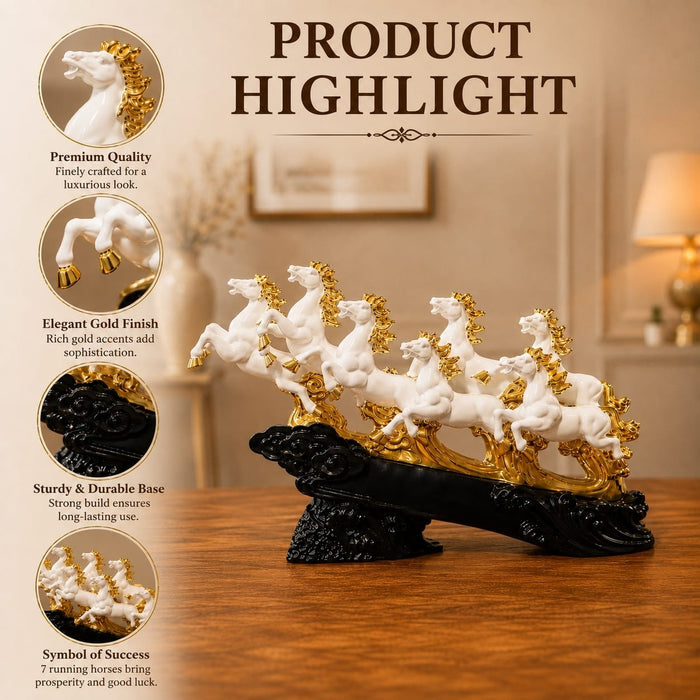 Product feature highlights and craftsmanship overview infographic for Seven Running Horses Feng Shui Resin Sculpture (12.2 Inch)