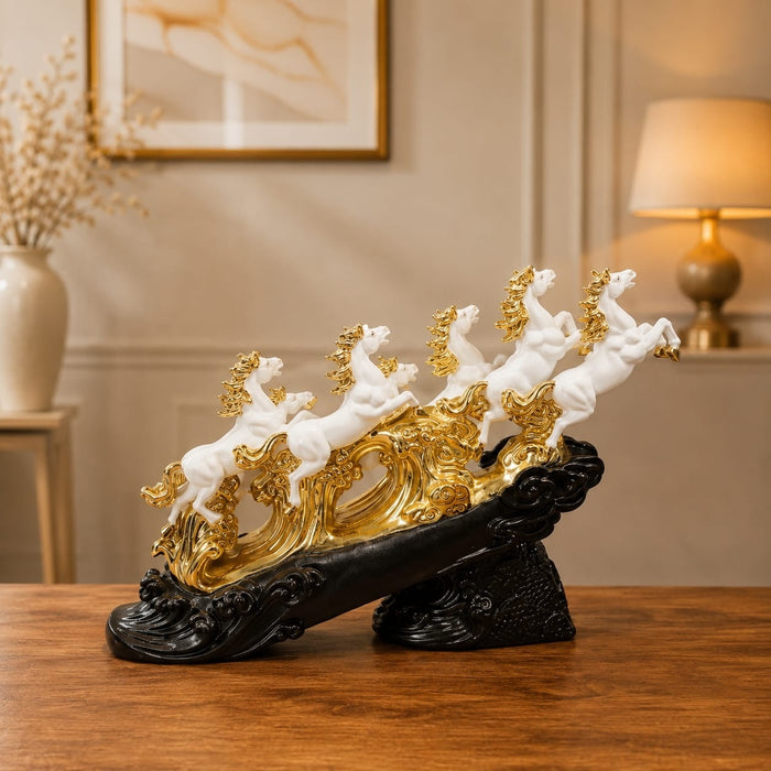 Full front view of Seven Running Horses Feng Shui Resin Sculpture (12.2 Inch) on display base against clean studio background