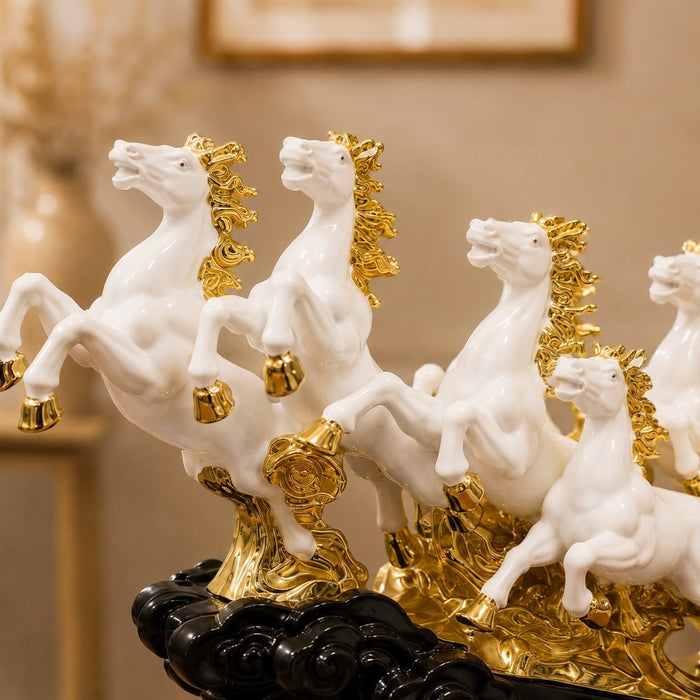 Side profile perspective showcasing elegant three-dimensional contours and sculptural depth of Seven Running Horses Feng Shui Resin Sculpture (12.2 Inch)