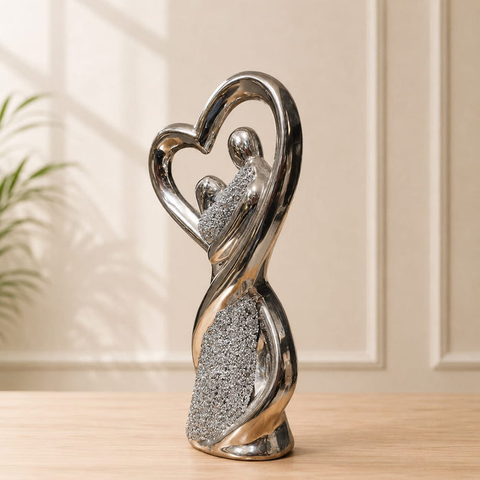 Modern Silver Chrome Porcelain Embrace Couple in Heart Statue (12 Inch) - Shot 3
