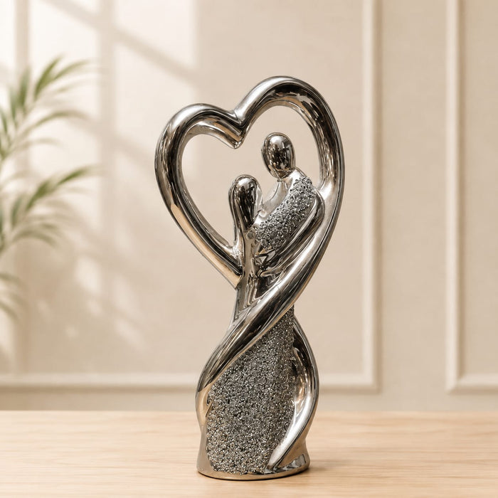 Modern Silver Chrome Porcelain Embrace Couple in Heart Statue (12 Inch) - Shot 4